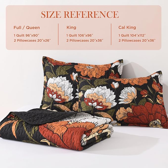 Andency Floral Boho Queen Quilt Bedding Set Black, 3 Pieces Farmhouse Flower Botanical Summer Bedspreads with 2 Shams, Soft Reversible Lightweight Microfiber Coverlet Set for All Season, 90"x96"