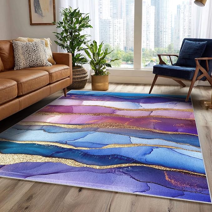 Irregular Marble Abstract Area Rug, Blue Purple Gold Pattern Carpet, Washable Non Slip Low Pile Soft Thin, Living Room Bedroom Home Decor Mat 5x6ft