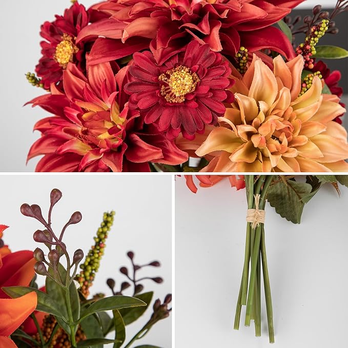 Briful Fall Flowers Artificial Bouquet for Decoration, Fake Silk Flowers Arrangements with Dahlia & Mums Mixed Autumn Floral Stems for Home Room Fall Table Centerpiece Wedding Party Decor(Burgundy)
