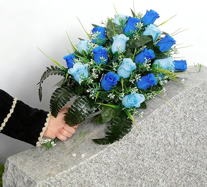 Artificial Cemetery Flowers - Set of 2 Grave Memorial Rose Flowers with Vase for Cemetery Headstones Gravesites Decoration (Dark Blue & Light Blue)