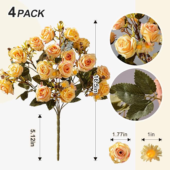 Artificial Rose Flowers for Outdoor 4 Bundles Rose Bouquet with Daisy Faux Flowers UV Resistant for Home Indoor Outside Garden Porch Window Box Balcony Yard Porch Fall Decor (Yellow)
