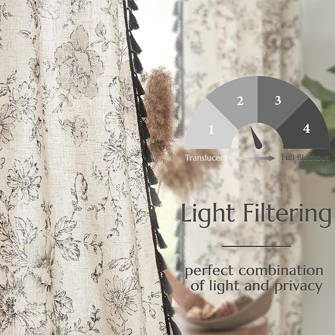 JINCHAN Linen Curtains Floral Curtains Living Room 96 Inch Long Printed Curtains Tassels Rod Pocket Back Tab Farmhouse Rustic Peony Flower Patterned Drapes Bedroom Window Curtain Set 2 Panels Black