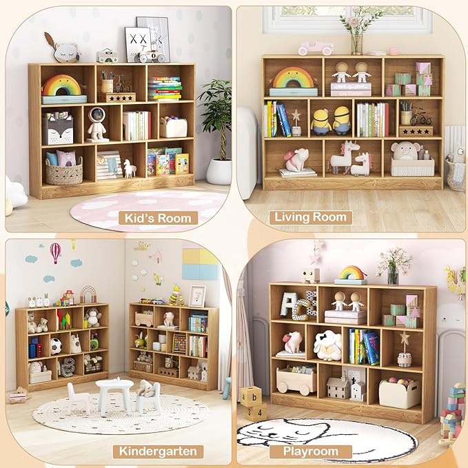 HONEY JOY Kids Toy Storage Organizer, 10-Section Wooden Floor Storage Cabinet, 41” Daycare Toy Chest, 3-Tier Kids Display Bookshelf for Classroom, Playroom & Nursery, Kindergarten (Natural)