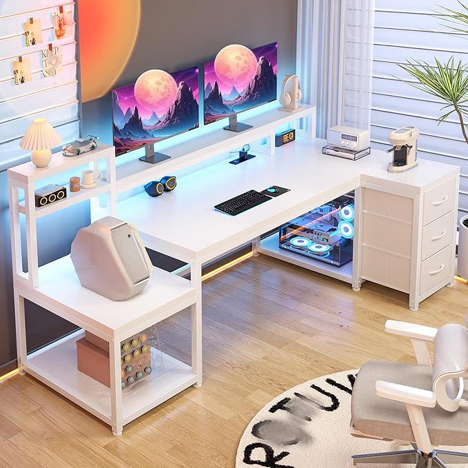 EnHomee 71" L Shaped Gaming Desk with LED Lights, White Computer Desk with Drawers and Printer Shelf, Power Outlet, Reversible Home Office Desks with Storage and Monitor Stand