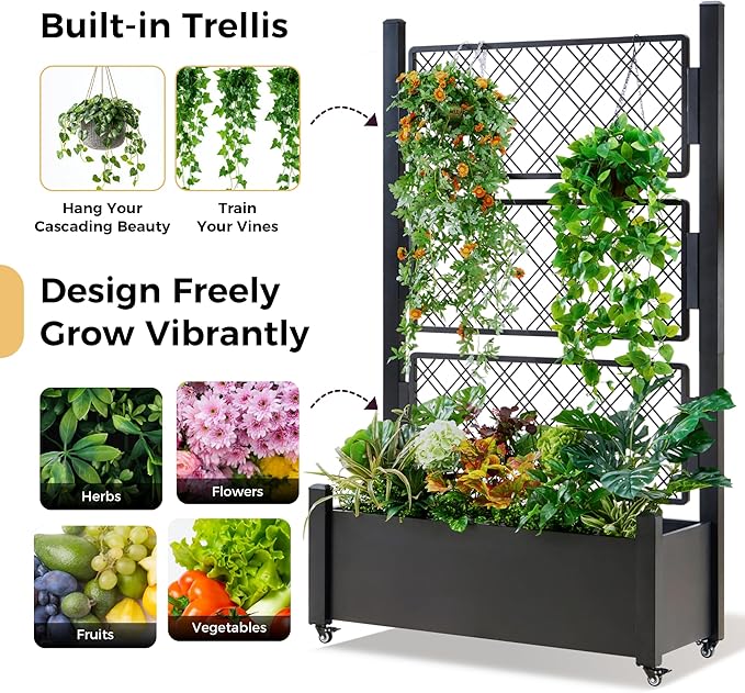 Metal Planter Box with Trellis and Wheels, 72"x46"x16" Large Outdoor Garden Planter for Climbing Plants, Vegetables & Vines, Includes Drainage Holes and Privacy Screen, Black