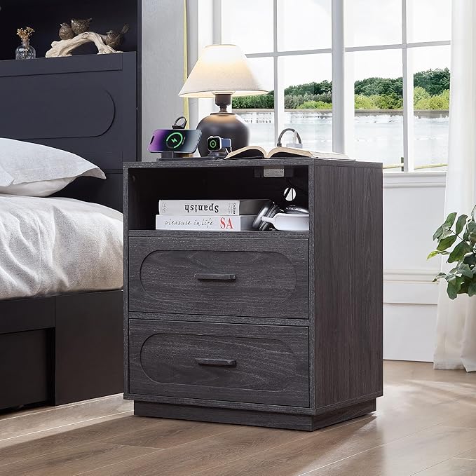 Gray Night Stand with Charging Station, 21.7" Wide Wood End Table with 2 Storage Drawers, Open Shelf & Unique Base, Mid Century Modern Bedside Table for Bedroom, Living Room, Gray