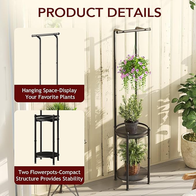 Homsorout Plant Stand Indoor Outdoor - Heavy Duty Metal 2-tier Hanging Plant Holder Space-Saving Iron Plant Stands Tall Plant Shelf for Living Room Garden Balcony（Black）