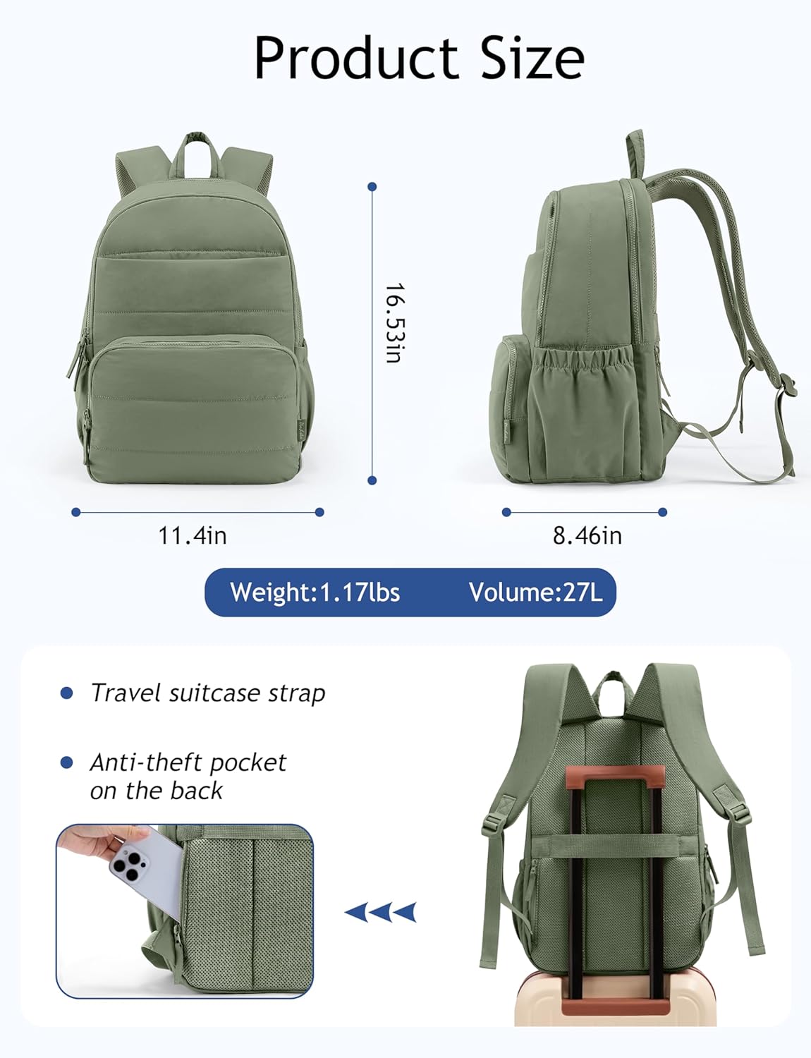 Uselike Travel Backpack - 15.6 Inch Laptop Bag for Women | Quilted, Water-Resistant College Bookbag