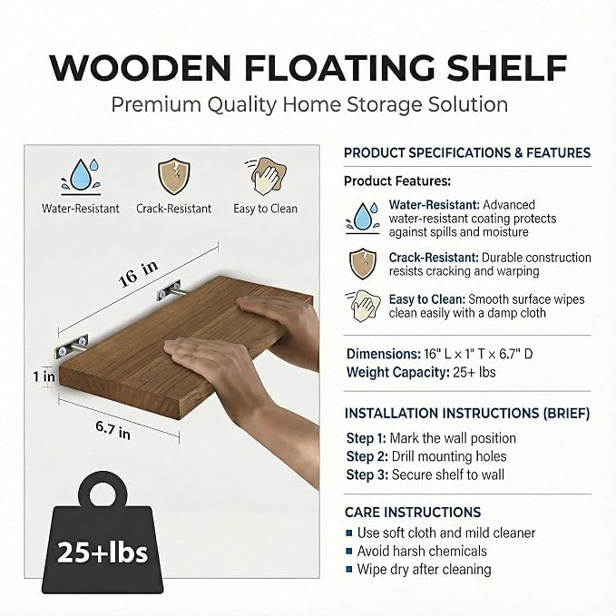 SAUMONIERES Floating Shelves Wall Shelf Solid Wood for Bathroom Bedroom Kitchen Storage Set of 3, Walnut Wall Shelves
