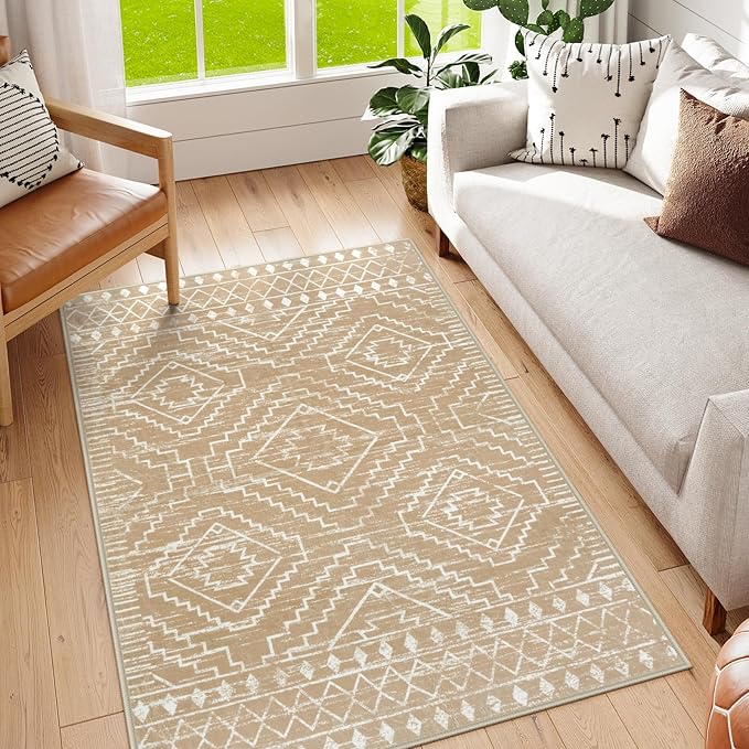 Wonnitar Moroccan Washable Area Rug 4x6, Non-Slip Rugs for Living Room, Boho Bedroom Throw Mat, Geometric Low Pile Floor Carpet for Home Office Mudroom Kitchen (Kakhi,4'x6')