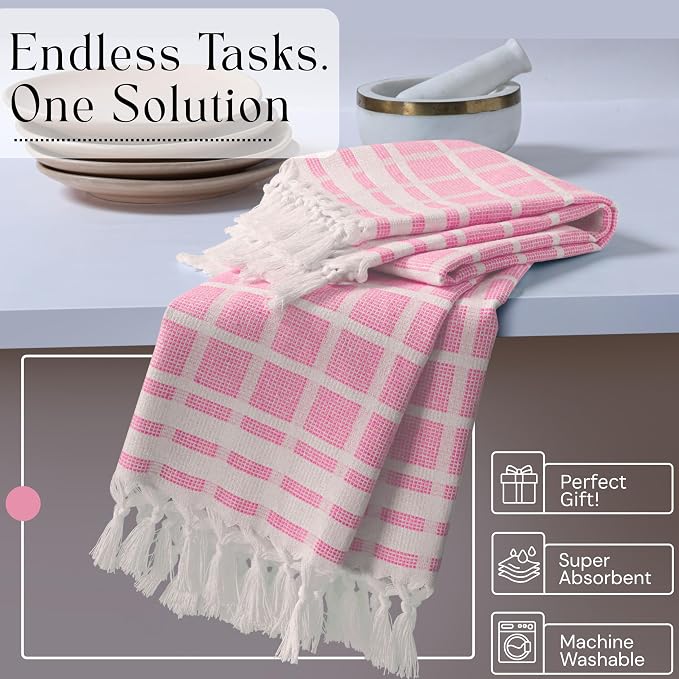 Matrix Dobby Kitchen Towels 4 Pack 100% Cotton, 16x26 Inches, Dish Towels with Knotted Tassels, Reusable and Washable Cloths for Cleaning, Drying Dishes - Rose Pink, Natural
