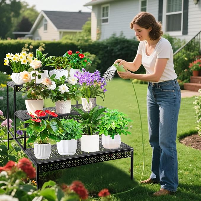 3 Tier Metal Plant Stand, Ladder Flower Pot Holder Plant Stands, Tiered Plant Stand Outdoor Storage Organizer Rack for Home Garden Patio Balcony