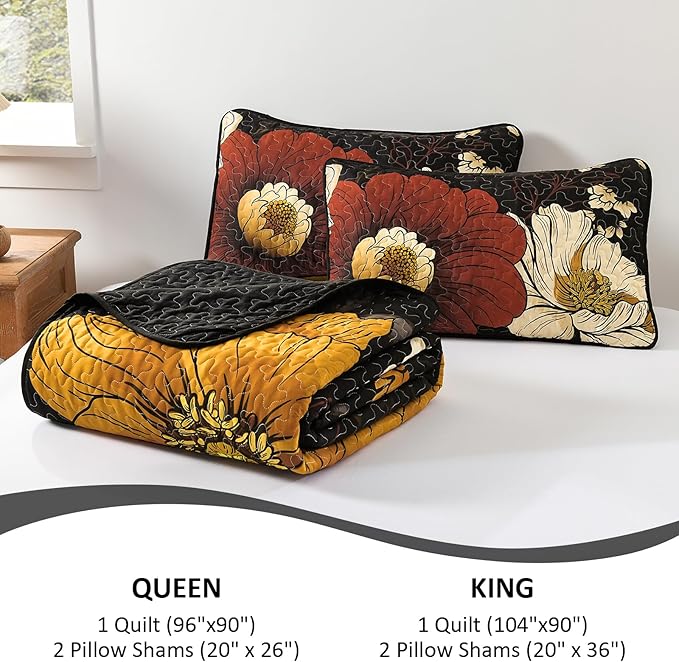 Dintszyayue Black Quilt Set Queen, 3 Pieces Red Floral Bedspreads Lightweight Coverlet Set for All Seasons, Reversible Quilted Printed Bedding Set with 2 Pillow Shams
