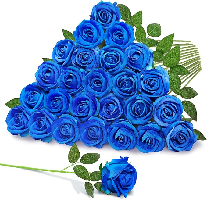 22 Pcs Artificial Roses - Realistic Velvet Flowers with Stems, Bulk Faux Roses for Home Wedding Party Decor (Blue)