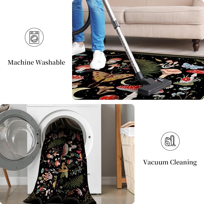 Mushroom Moth Area Rugs for Living Room Dining Room Bedroom Farmhouse, 8'x10' Non-Slip Machine Washable Black Living Room Rug Carpet, Witchy Decor Aesthetic