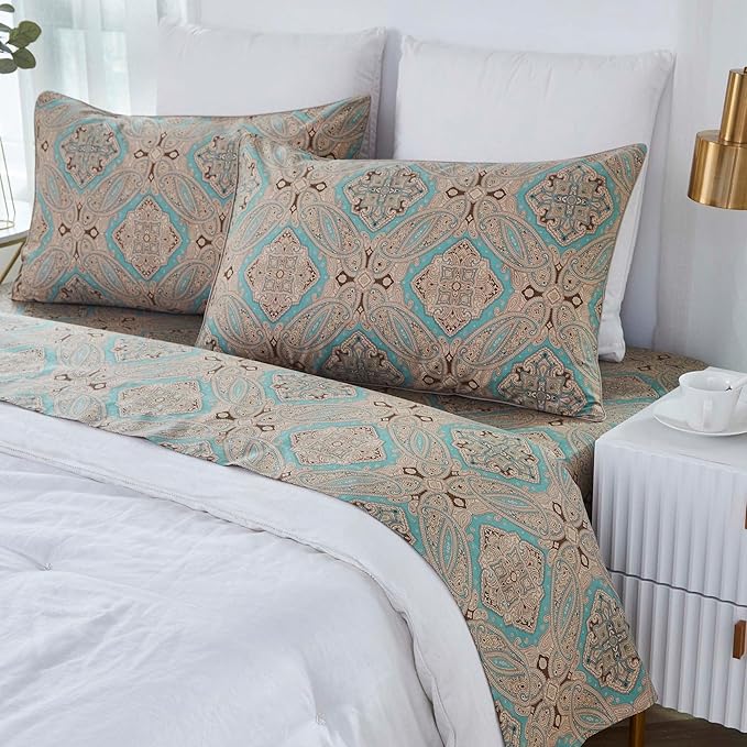 Brandream Boho Paisley Print Luxury Bedding Bohemian Damask Medallion King Size Sheet Set 800TC Egyptian Cotton Sateen Deep Pocket, 4 Piece, Taupe