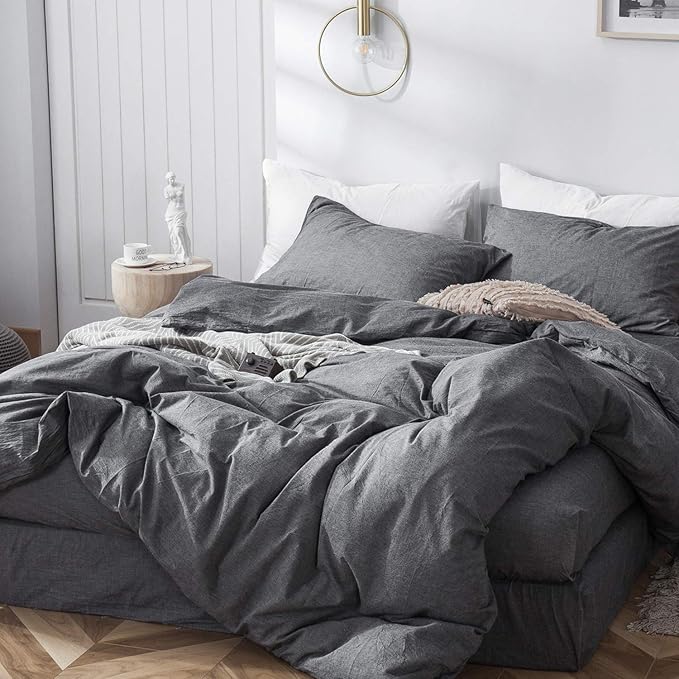 MooMee Bedding Duvet Cover Set 100% Washed Cotton Linen Like Textured Breathable Durable Soft Comfy (Heathered Dark Grey, Oversized King Plus 128"x120")