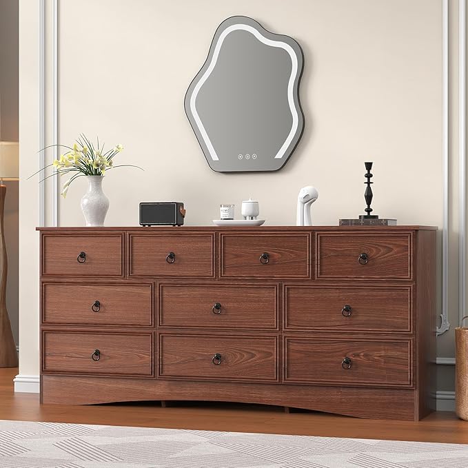 63”W Dressers for Bedroom, Long Dresser with 10 Deep Drawer, Dressers & Chests of Drawers for Clothes, Easy Pulls Handle, Textured Borders, for Living Room, Hallway,Cherry Wood