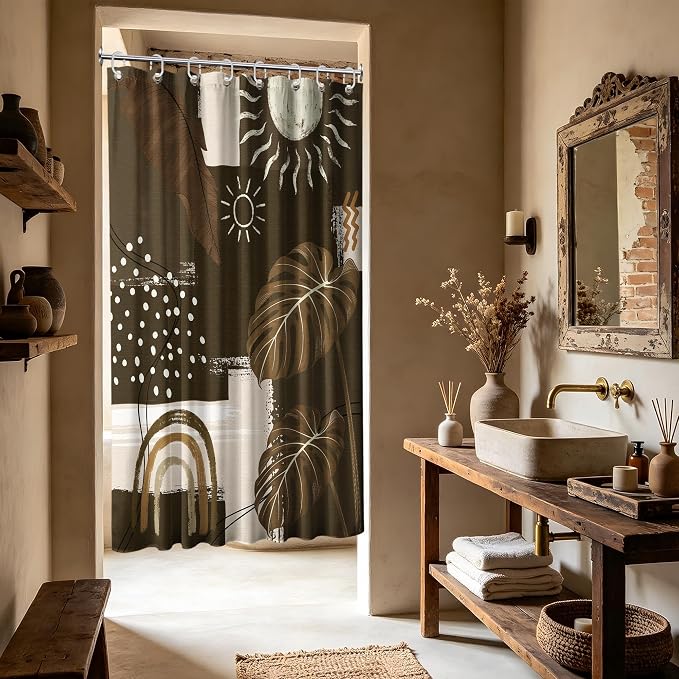 Dark Brown Mid Century Modern Shower Curtain Boho Abstract Khaki Earth Tone Shower Curtains for Bathroom Decor Sets, Waterproof Cloth Fabric with Hooks, 48 x 72 Inch