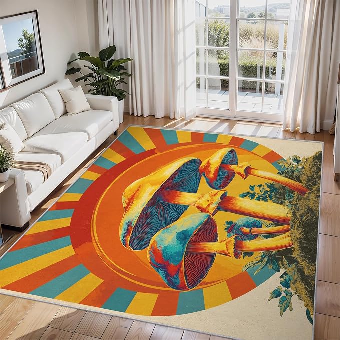 Mushroom Rugs for Home Decor, 7x9 ft, Mid Century Boho Sun Area Rugs for Living Room, Soft Non Slip Washable Retro Trippy Mushroom Carpet Bedroom Decorations Dt-Ghf-69