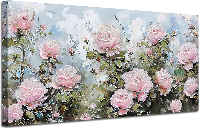 Ardemy Flower Wall Art Canvas Art Wall Decor, Floral Painting Textured Picture Living Room Pink Rose Artwork Large Framed for Bedroom Kitchen Dining Room Home Office Decor 40"x20"