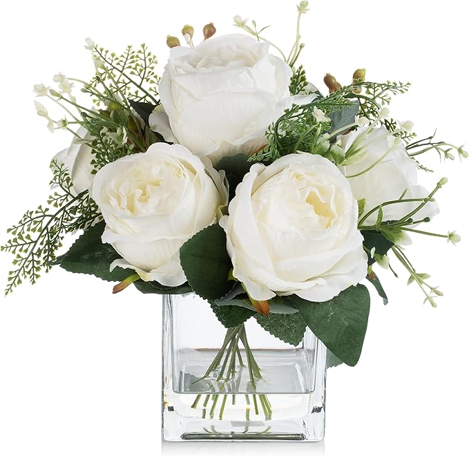 ENOVA FLORAL Artificial Flower Arrangement with Vase,Mixed Artificial Fake Silk Peony Flower in Vase for Decoration Home Office, Wedding Centerpiece (Cream)