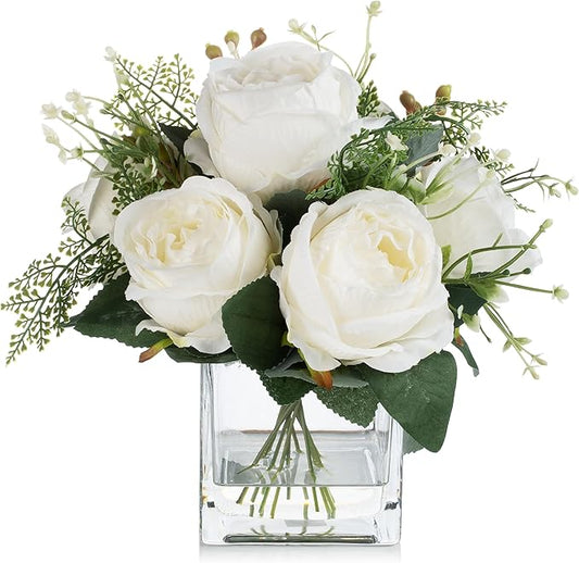 ENOVA FLORAL Artificial Flower Arrangement with Vase,Mixed Artificial Fake Silk Peony Flower in Vase for Decoration Home Office, Wedding Centerpiece (Cream)