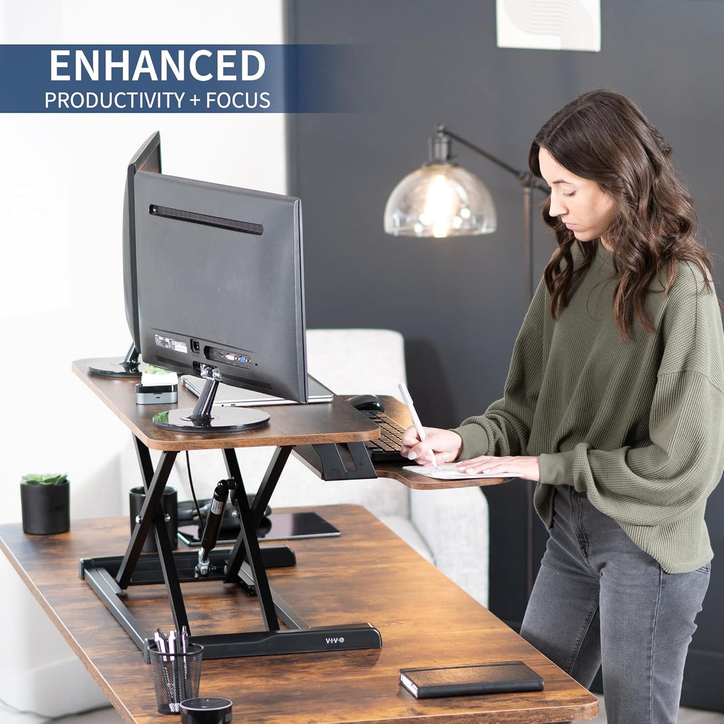 VIVO Height Adjustable Desk Converter - 36 Inch Sit to Stand Riser for Dual Monitors | Rustic Brown Top, Black Frame