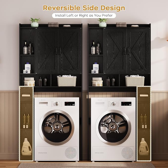 Over the Toilet Storage Cabinet, 31.1”W Bathroom Organizer with Double Doors, Above Toilet Rack, Detachable Toilet Paper Holder for Bathroom & Laundry Room Black