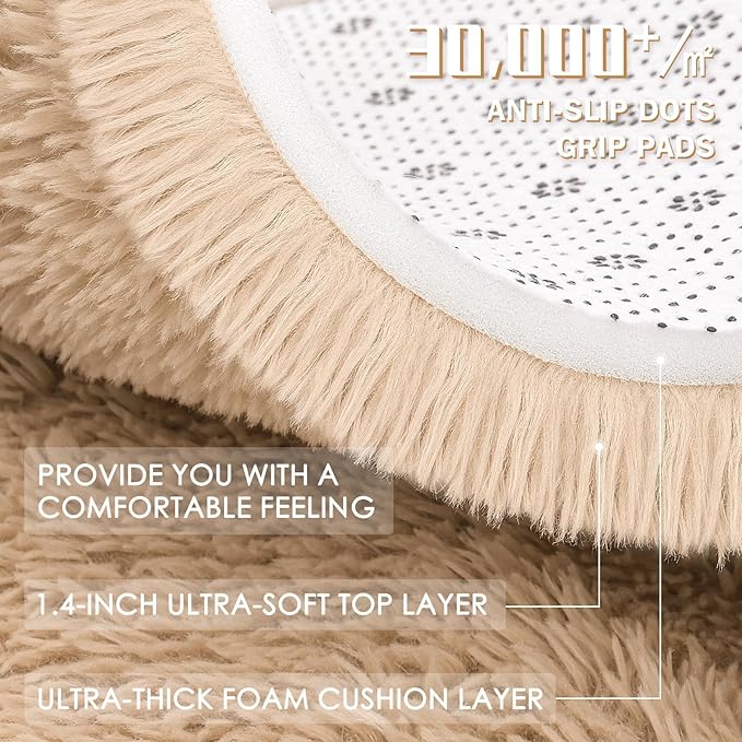 OLANLY 6x6 Area Rugs for Living Room Bedroom, Machine Washable Soft Fluffy Shaggy Bedside Rug, Indoor Floor Carpet for Kids Girls and Boys, Dorms, Nursery Rooms, Home Decor Aesthetic, Beige
