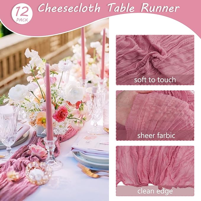 12 Pack 10Ft Cheesecloth Table Runner 35x120 Inch Boho Gauze Table Runner Rustic Cheese Cloth Long Romantic Table Runners for Wedding Bridal Shower Birthday Party Table Decor (Dusty Rose)