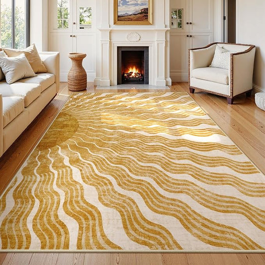 Hedlive Boho Machine Washable Rug 6x9, Sun Print Soft 6x9 Nursery Rug for Bedroom Classroom, Ultra-Thin Non Slip Kids Large Carpet for Living Room Playroom Office(6'x9',Gold/Multi)