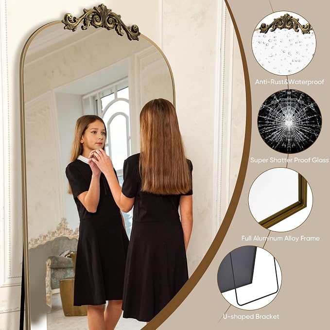 Antok Arched Full Length Mirror, 76"x34" Floor Mirror with Carved, Full Body Mirrors for HomeDecor, Standing/Halling Large Wall Mirror for Bedroom, Living Room, Cloakroom, Bronze, Retro Style