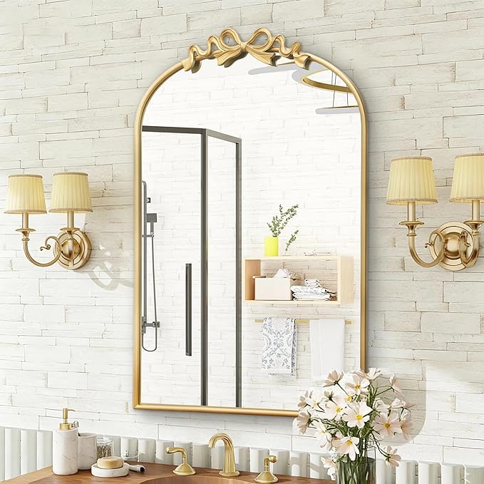 Besdomus Vintage Arched Gold Mirror: 24"x36" Large Gold Antique Bow Wall Vanity Mirror - Baroque Traditional Ornate for Bathroom/Bedroom/Living Room - Wall Decor for Housewife