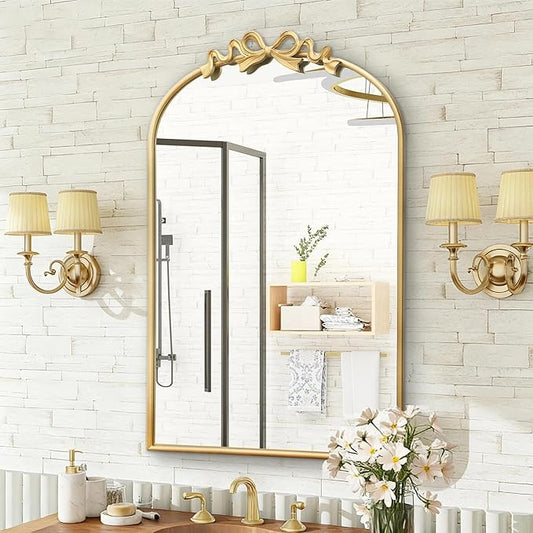 Besdomus Vintage Arched Gold Mirror: 24"x36" Large Gold Antique Bow Wall Vanity Mirror - Baroque Traditional Ornate for Bathroom/Bedroom/Living Room - Wall Decor for Housewife