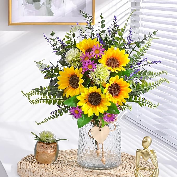 MARTINE MALL Fake Flowers in Vase, Sunflowers Artificial Flowers, Faux Flowers in Vase Centerpiece Table Decorations Silk Sunflower Bouquet Table Centerpieces for Dining Room Coffee Table Decor