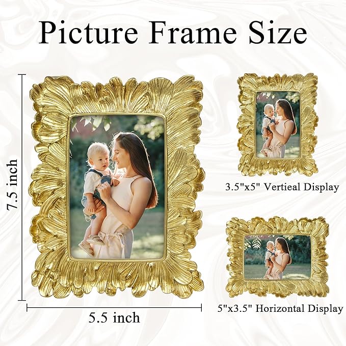 3.5x5 Vintage Picture Frame Gold, Ornate Leaves Photo Frame with Glass Front, Elegant Picture Frame for Wall or Tabletop Display, Gift ldeas for Home Decor