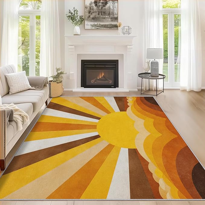 Boho Sun Rugs for Home Decor, 3x5 ft, Abstract Sunburst Retro Area Rugs for Living Room, Soft Non Slip Washable Mid Century Modern Carpet Bedroom Decorations Dt-Ghf-69