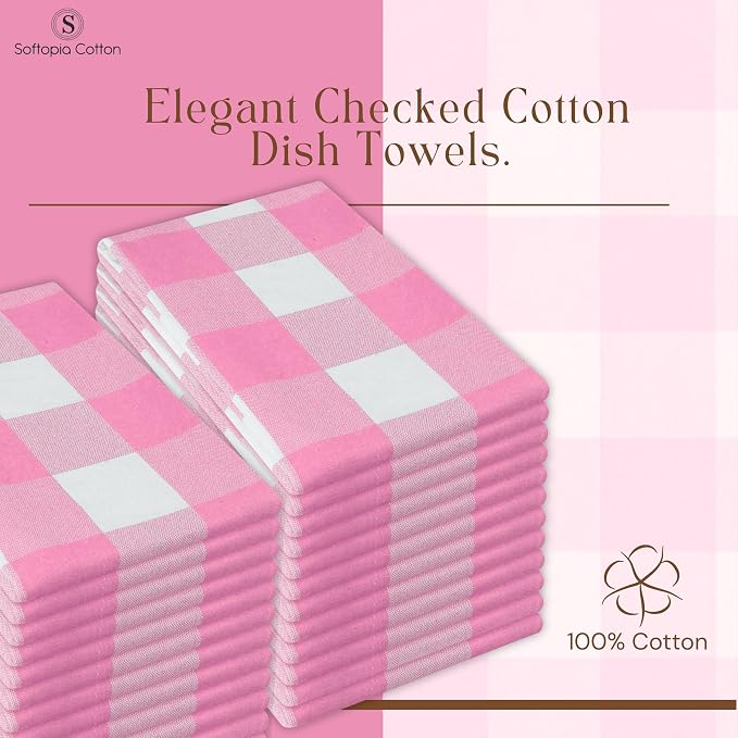 Buffalo Check 12 Pack Kitchen Towels, 16"x26", Plaid Dish Towels, 100% Cotton, Absorbent, Washable, Everyday Kitchen Essentials, Soft Cloths for Cleaning, Drying Hands, Pink White