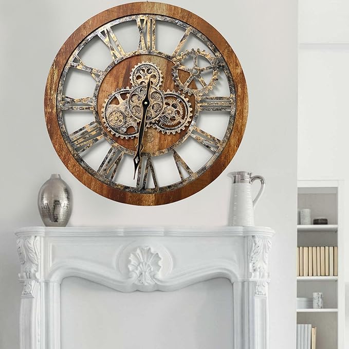 ImprovingLife The Gears Clock The Original Real Moving Gear Wall Clock Vintage Industrial Oversized Rustic Farmhouse (24 inch (60cm), Vintage Brown)