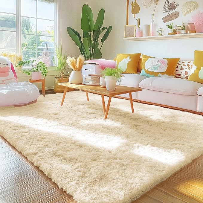 OLANLY 5x8 Machine Washable Large Area Rugs for Living Room, Bedroom, Soft Fluffy Shaggy Bedside Rug, Indoor Floor Carpet for Kids Girls and Boys, Dorms, Nursery, Home Decor Aesthetic, Cream