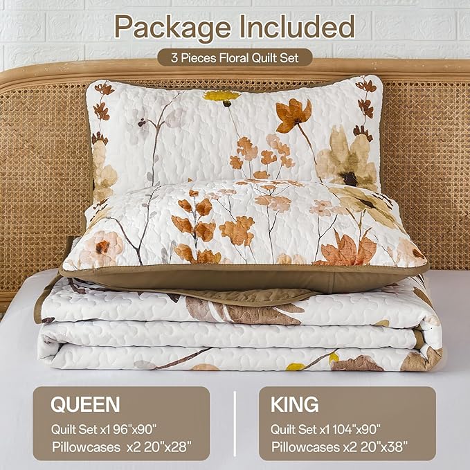 Anibedding Brown Quilt Set King Size, Floral Bedspread with 2 Pillowcases, Soft Microfiber Lightweight Coverlet Bedding Set for All Season(104"x90")