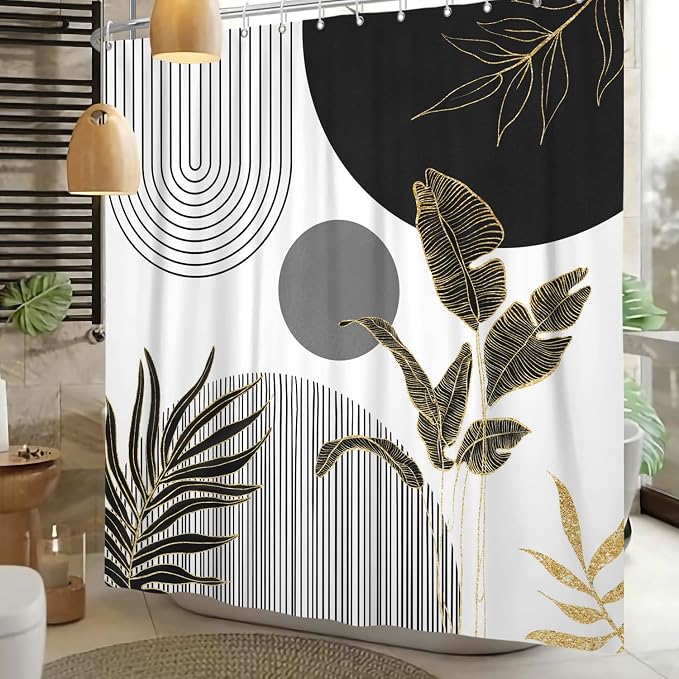 Mid Century Boho Shower Curtain, Abstract Modern Sun Minimalist Aesthetic Shower Curtain, Bohemian Geometric Arch Curve Leaves Neutral Art Fabric Bathroom Curtains Black 72x78 inch