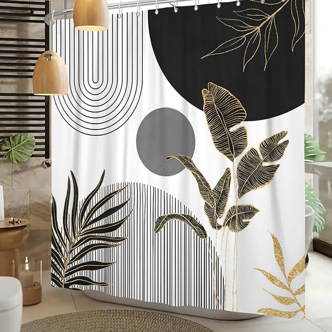 Mid Century Boho Shower Curtain, Abstract Modern Sun Minimalist Aesthetic Shower Curtain, Bohemian Geometric Arch Curve Leaves Neutral Art Fabric Bathroom Curtains Black 72x72 inch