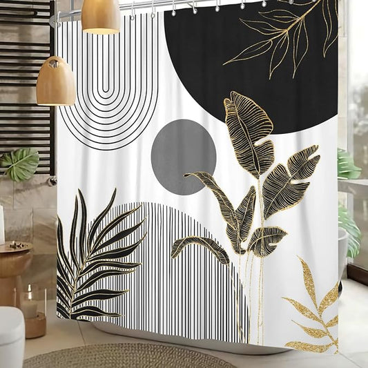 Mid Century Boho Shower Curtain, Abstract Modern Sun Minimalist Aesthetic Shower Curtain, Bohemian Geometric Arch Curve Leaves Neutral Art Fabric Bathroom Curtains Black 72x84 inch
