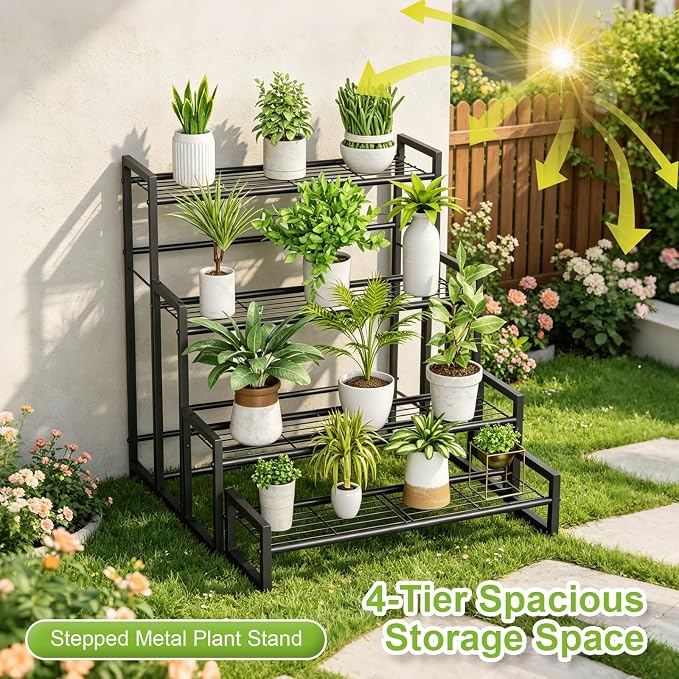 VyGrow Plant Stand, 4 Tier Stackable Tiered Plant Stand, Scalable Heavy Duty Tall Plant Shelf for Indoor Outdoor, Garden, Display Shelves, Flower Pot Holder, Black
