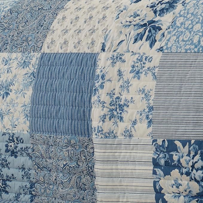 Laura Ashley - Queen Quilt Set, Soft & Reversible Cotton Floral Bedding with a Medium Weight Feel, 3 Piece Bed Set with Matching Pillowcases (Paisley Printed Patchwork Blue)
