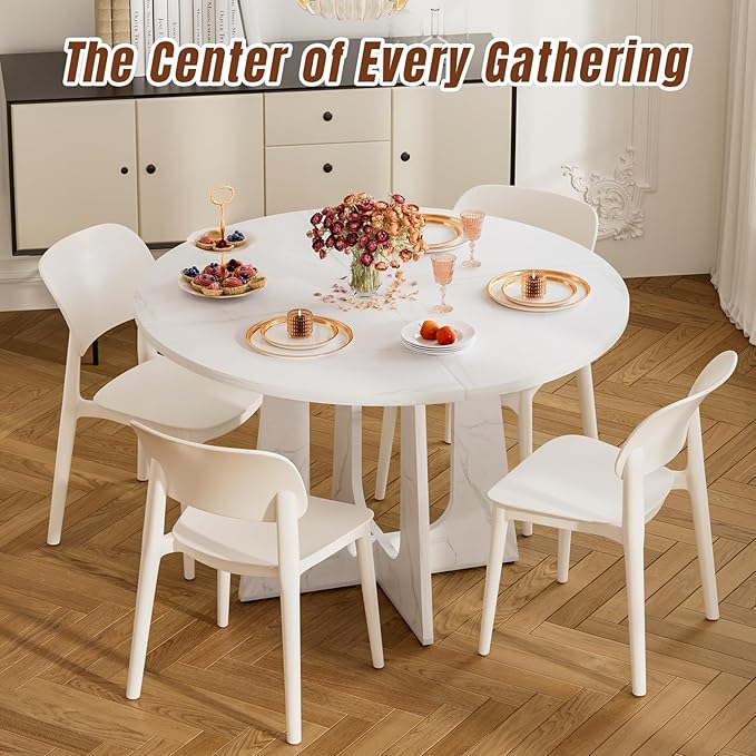 47" Round Dining Table for 4-6, Farmhouse Wood Kitchen Table, Mid-Century Wooden Circle Dinner Room Table Easy Assembly for Dining Room, Kitchen, Living Room (Faux Marble)