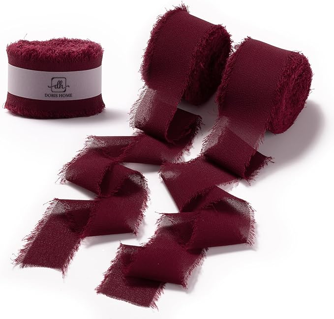 DORIS HOME Burgundy Chiffon Ribbon for Flower Bouquet, 1" x21Yd Fabric Ribbon for Gift Wrapping, Handmade Frayed Ribbon for Wedding Invitations/Christmas Decorations