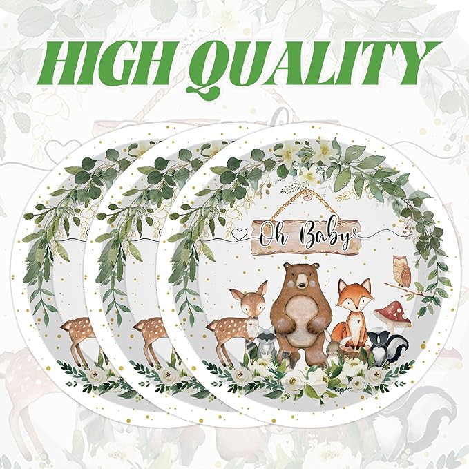 50PCS Woodland Baby Shower Party Paper Plates 7 Inch, Disposable Oh Baby Cake Dessert Plates Safari Jungle Wild Animal Party Supplies for Birthday Gender Reveal Baby Shower Decorations (Woodland)